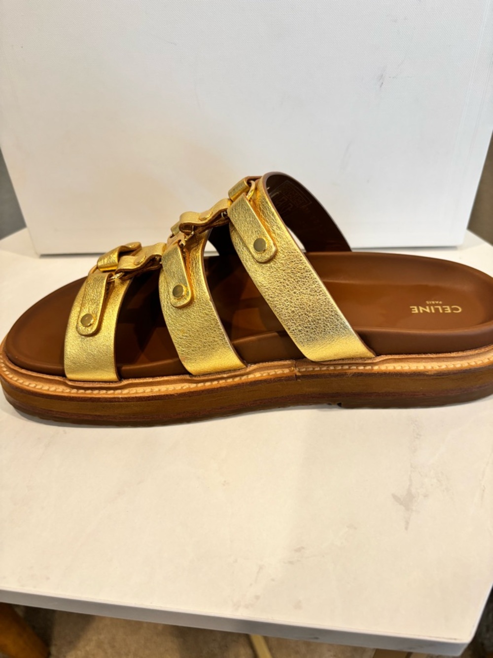 Celine Triomphe Mule 30 Metallic Gold Leather Triple-Strap Slides - Picture 4 of 14